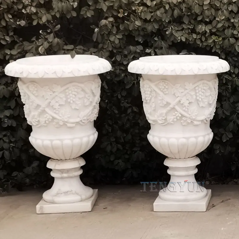 Yard Decorative White Marble Grape Carved Urns Stone Flowerpot Sculptures For Sale