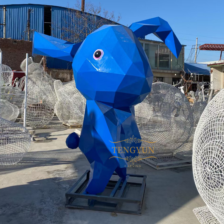 Luxury modern large abstract arts statue geometric animal rabbit with cloud stainless steel sculpture (3)