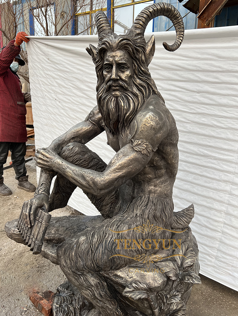 Ancient Greek Mythology Pan Statue Holding Panpipes God Of The Wild & Nature Bronze Faun Sculpture (2)