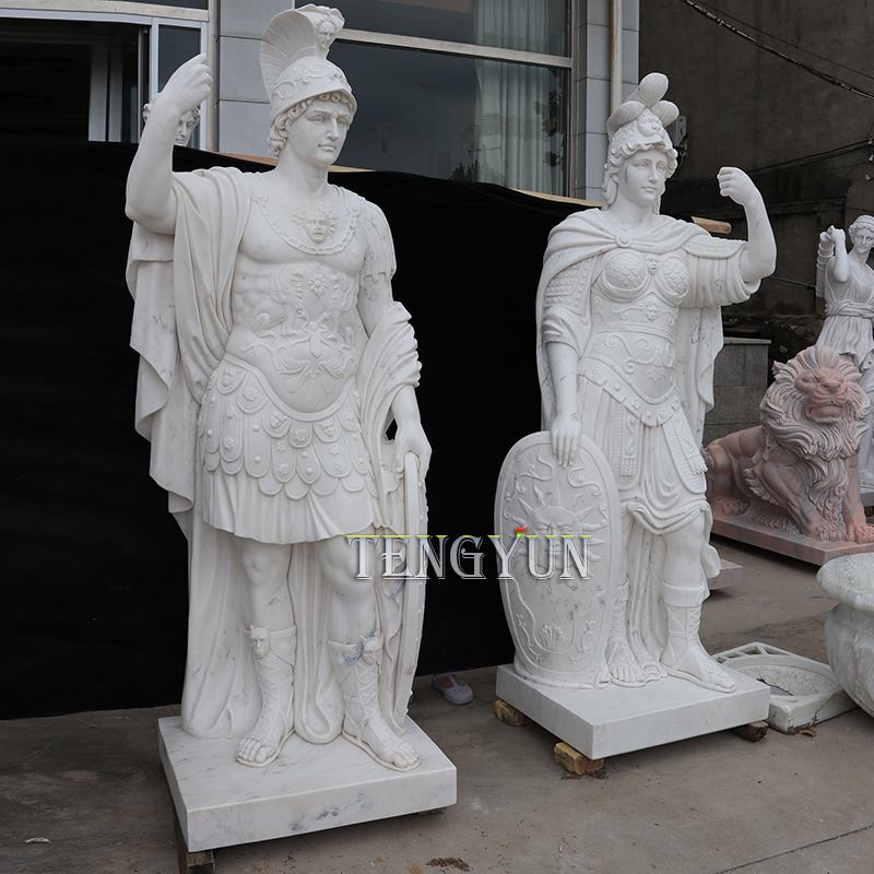 white marble pair of male and female warrior statues (2)