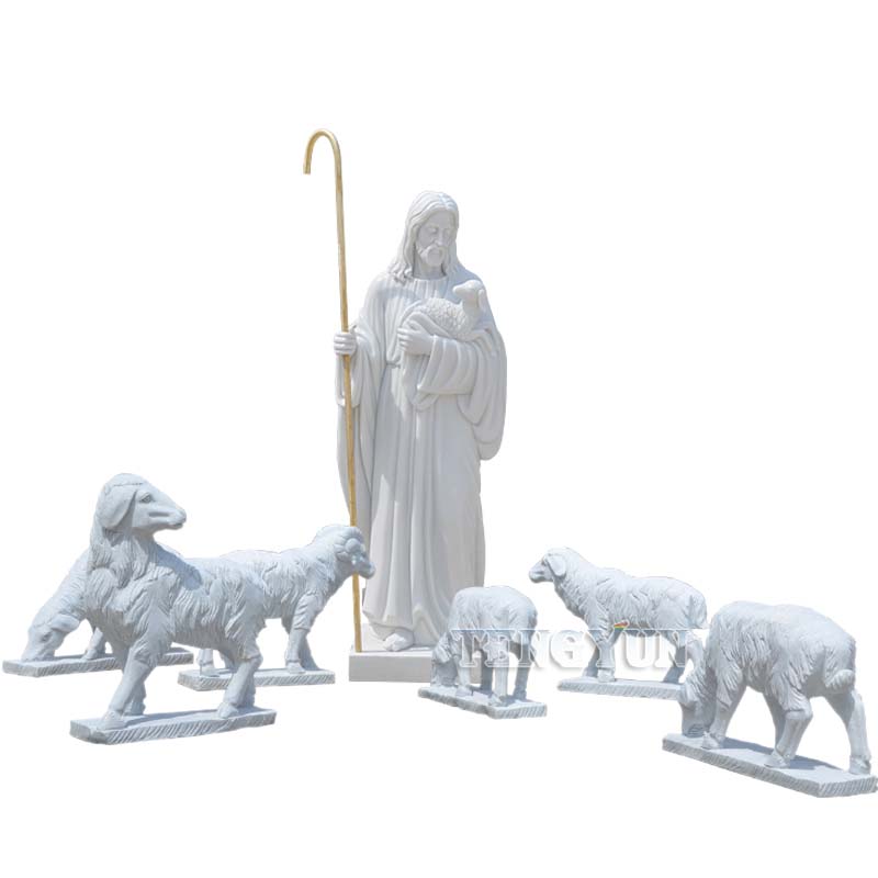 Garden Decorative Outdoor White Marble Jesus Goats Sheep Life Size Stone Sculpture (2)