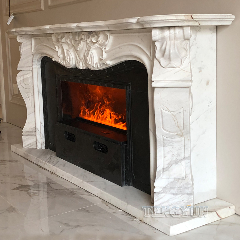 Custom Volakas White Marble Fireplace Surround Home Modern Large Size White And Black Granite Mantels (4)