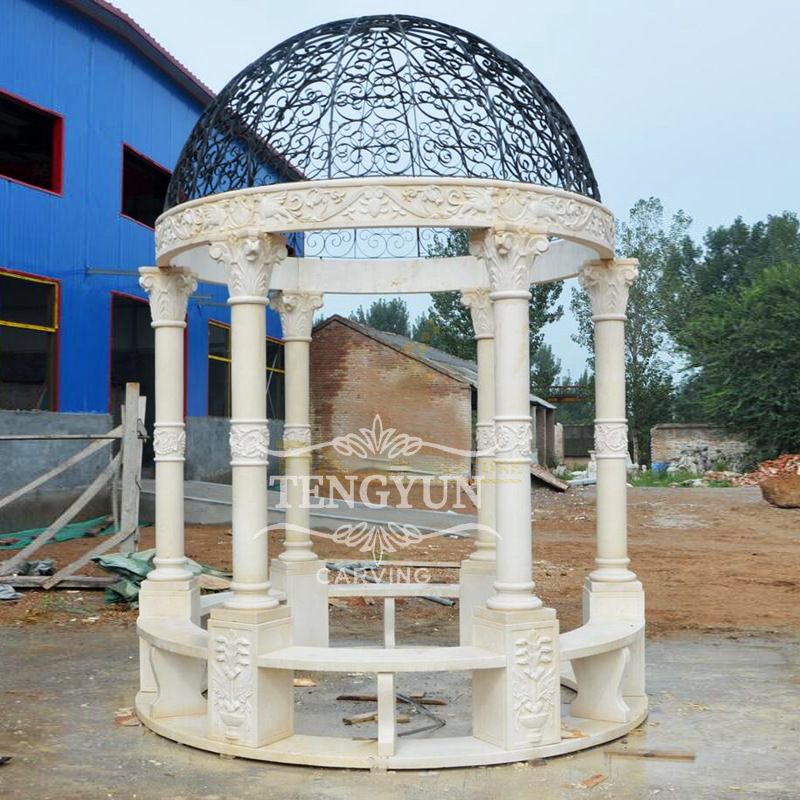 Custom made white marble gazebo with metal roof (1)