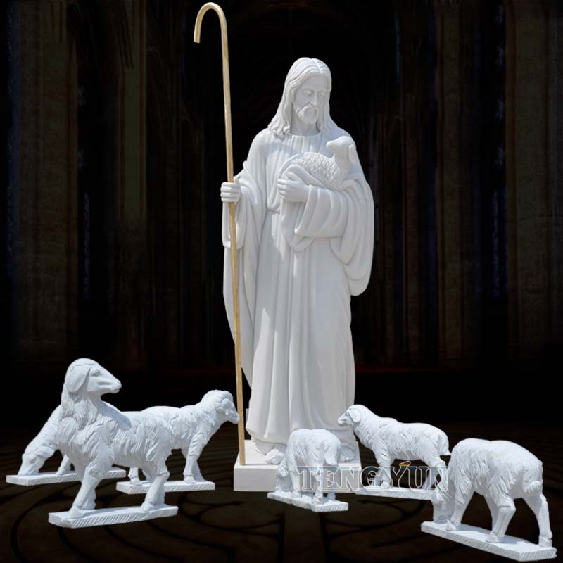 Garden Decorative Outdoor White Marble Jesus Goats Sheep Life Size Stone Sculpture (3)