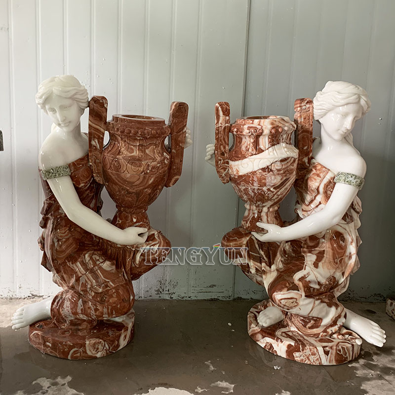Garden decorative polishing coloured natural marble female greek statue with flowerpot (2)