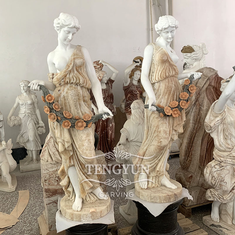 Garden outdoor decor natural marble flower lady statue hand carved mix marble female figure sculpture