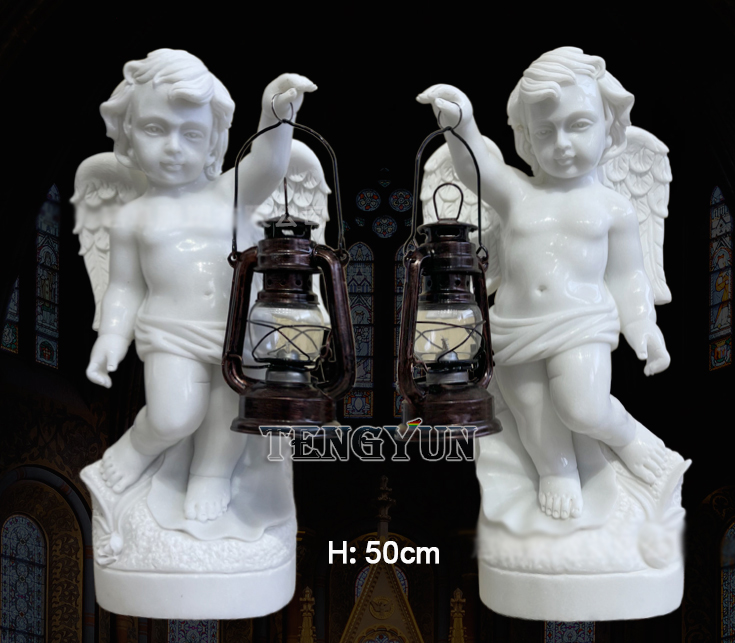 White Marble Guardian Cherub Statues Church Door Pair Of Stone Prayer Little Angel Statues For Sale (18)