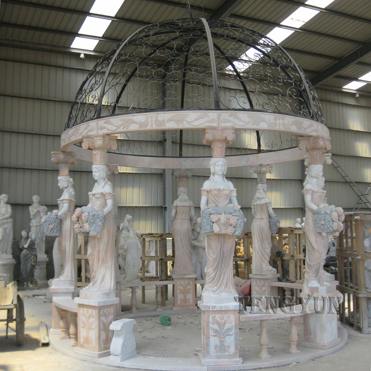 Large Size Stone Garden Pavilion Marble Gazebo With Female Statues (5)