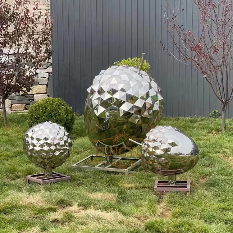 Large garden outdoor decorative modern metal fruit sculpture stainless steel squirrel pine cone sculptures (4)