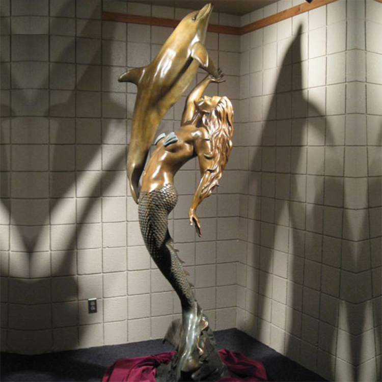 bronze mermaid statue with dolphin sculpture  (1)