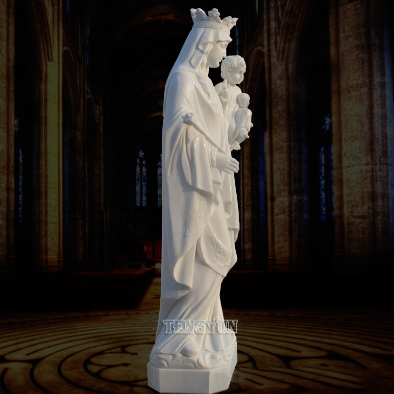 Life Size Natural White Marble Mother Virgin Mary Statue Holding Baby Jesus Statue (1)