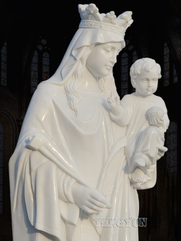 Life Size Natural White Marble Mother Virgin Mary Statue Holding Baby Jesus Statue (2)