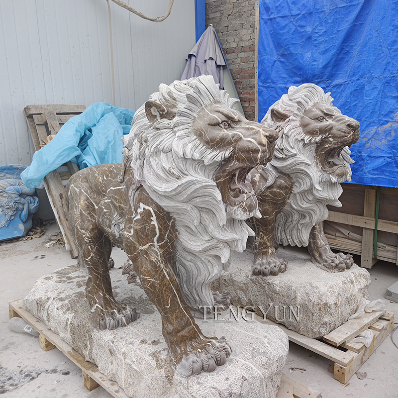 Coffee color marble carved large size roaring lion sculpture (2)