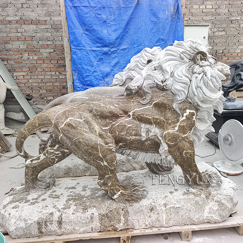 Coffee color marble carved large size roaring lion sculpture (3)