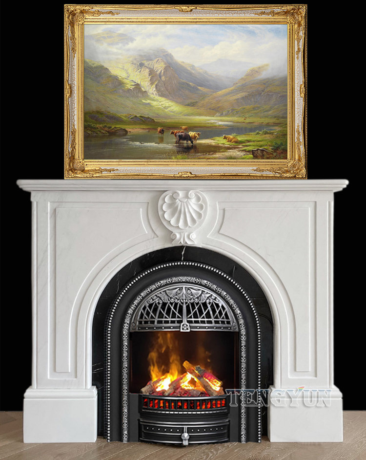Marble Fireplace French Arch Stone Mantel Carved Retro Porch Living Room Background Wall Decorative Cabinet (5)