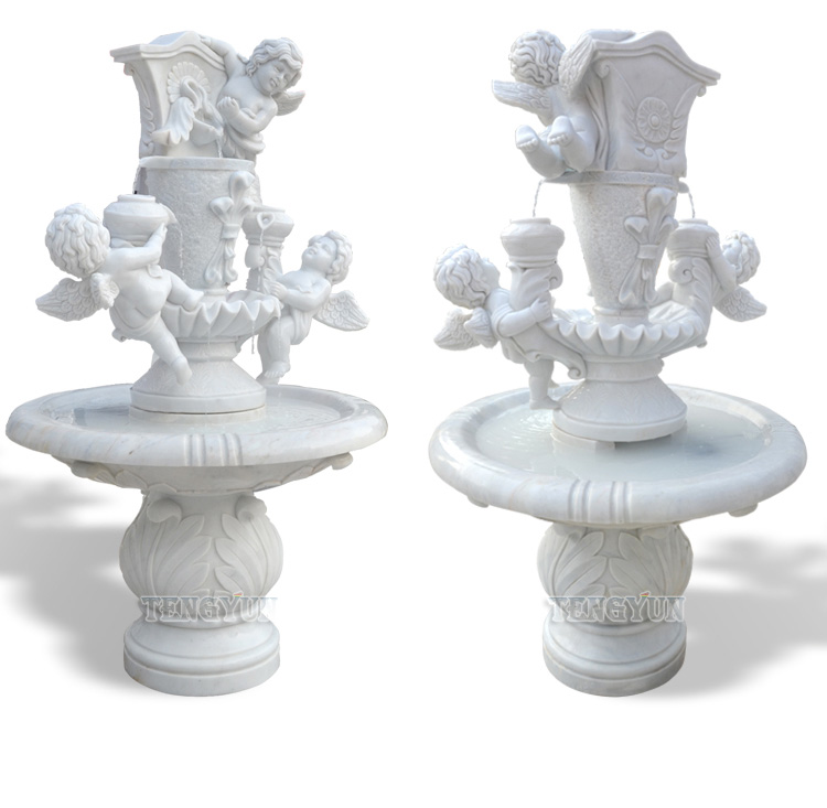 Marble three cherubs fountain European garden courtyard little angel fountain stone flowing water landscape ornaments (2)