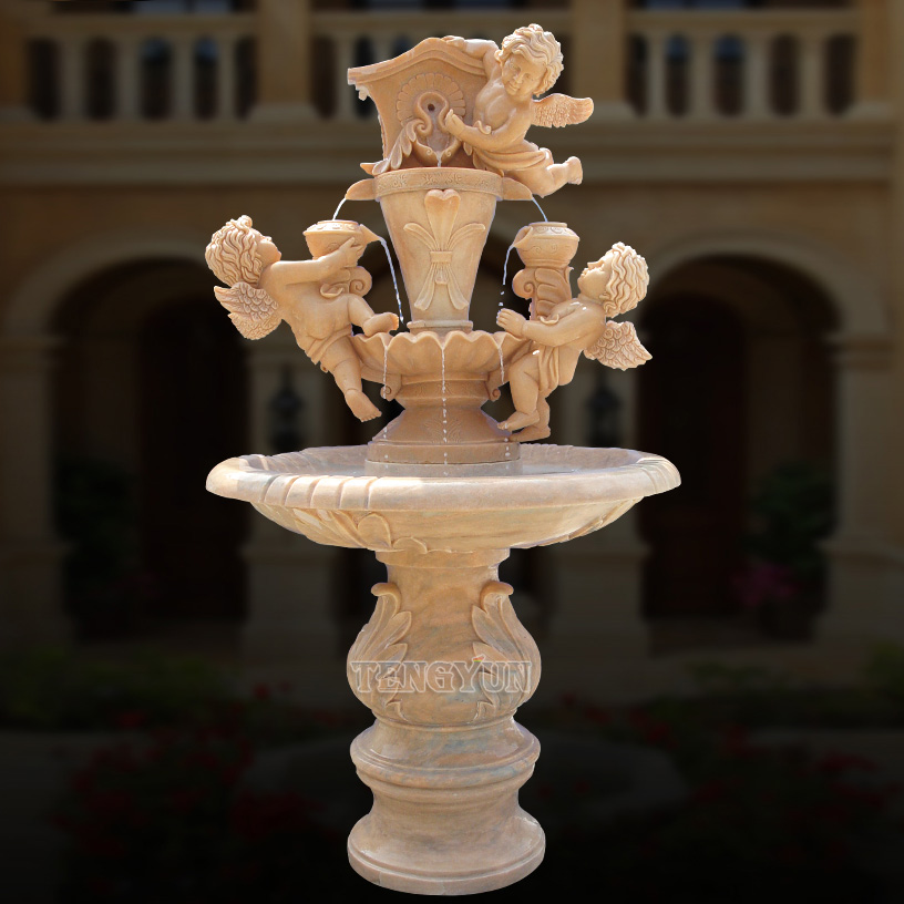 Marble three cherubs fountain European garden courtyard little angel fountain stone flowing water landscape ornaments (3)