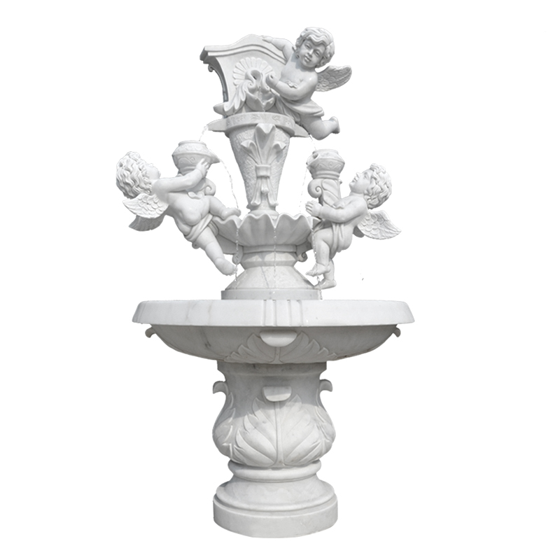 Marble three cherubs fountain European garden courtyard little angel fountain stone flowing water landscape ornaments (4)