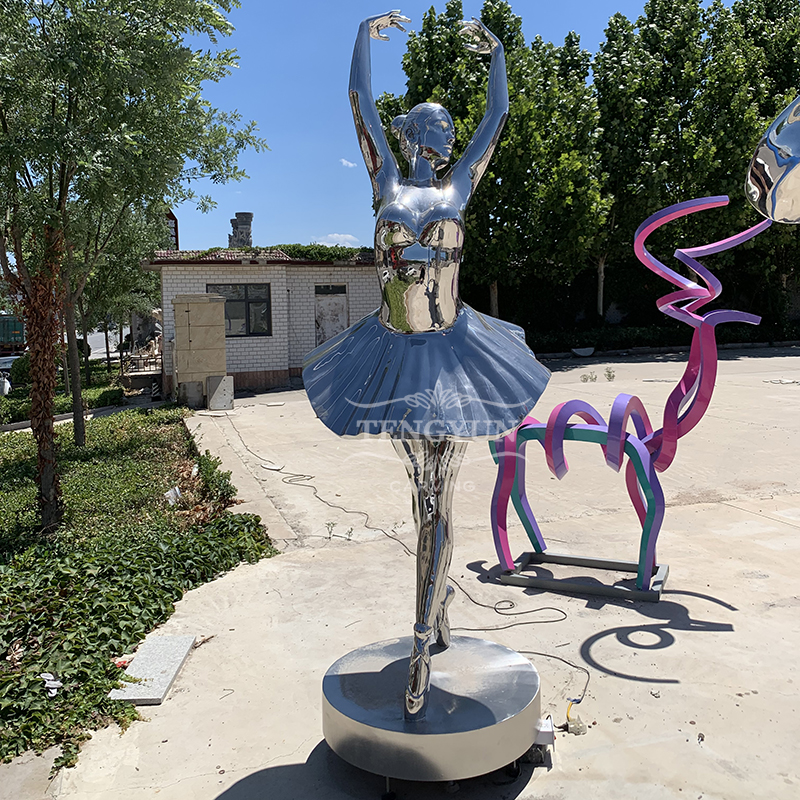 Modern mirror polished ballerina girl sculpture life size metal dancer girl statue (2)