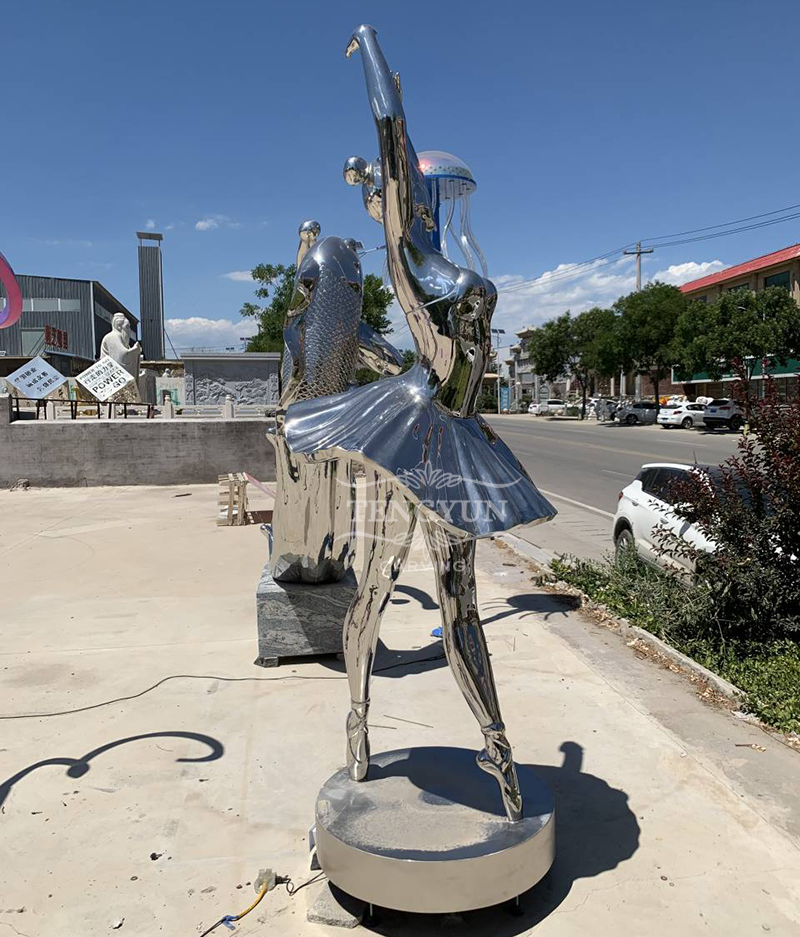 Modern mirror polished ballerina girl sculpture life size metal dancer girl statue (6)