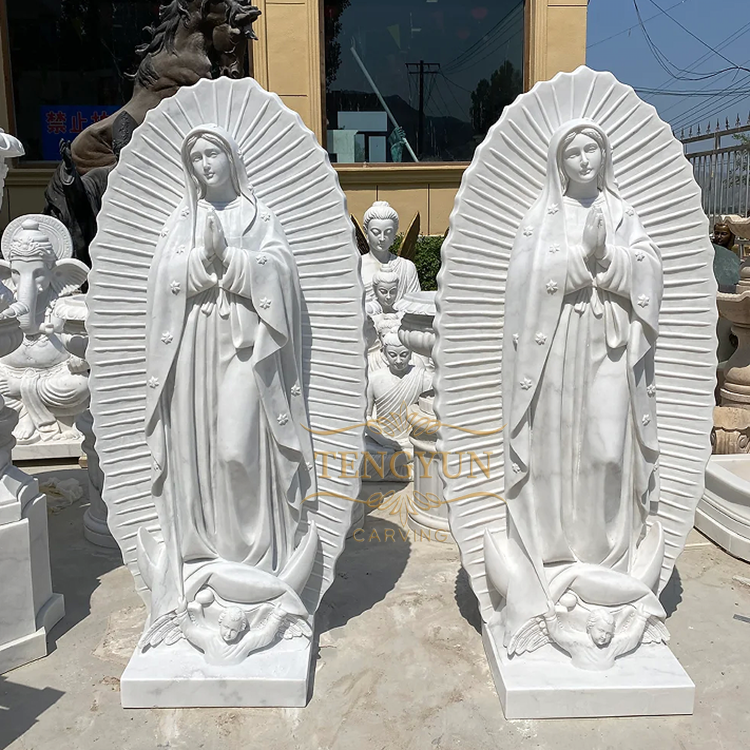 Large Size Natural Stone Our Lady Of Guadalupe Statue White Marble Hand Carved Religious Sculpture For Sale