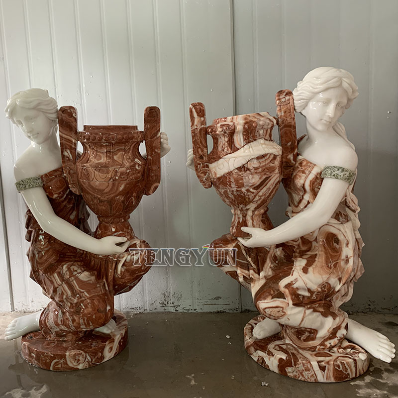 Garden decorative polishing coloured natural marble female greek statue with flowerpot (3)