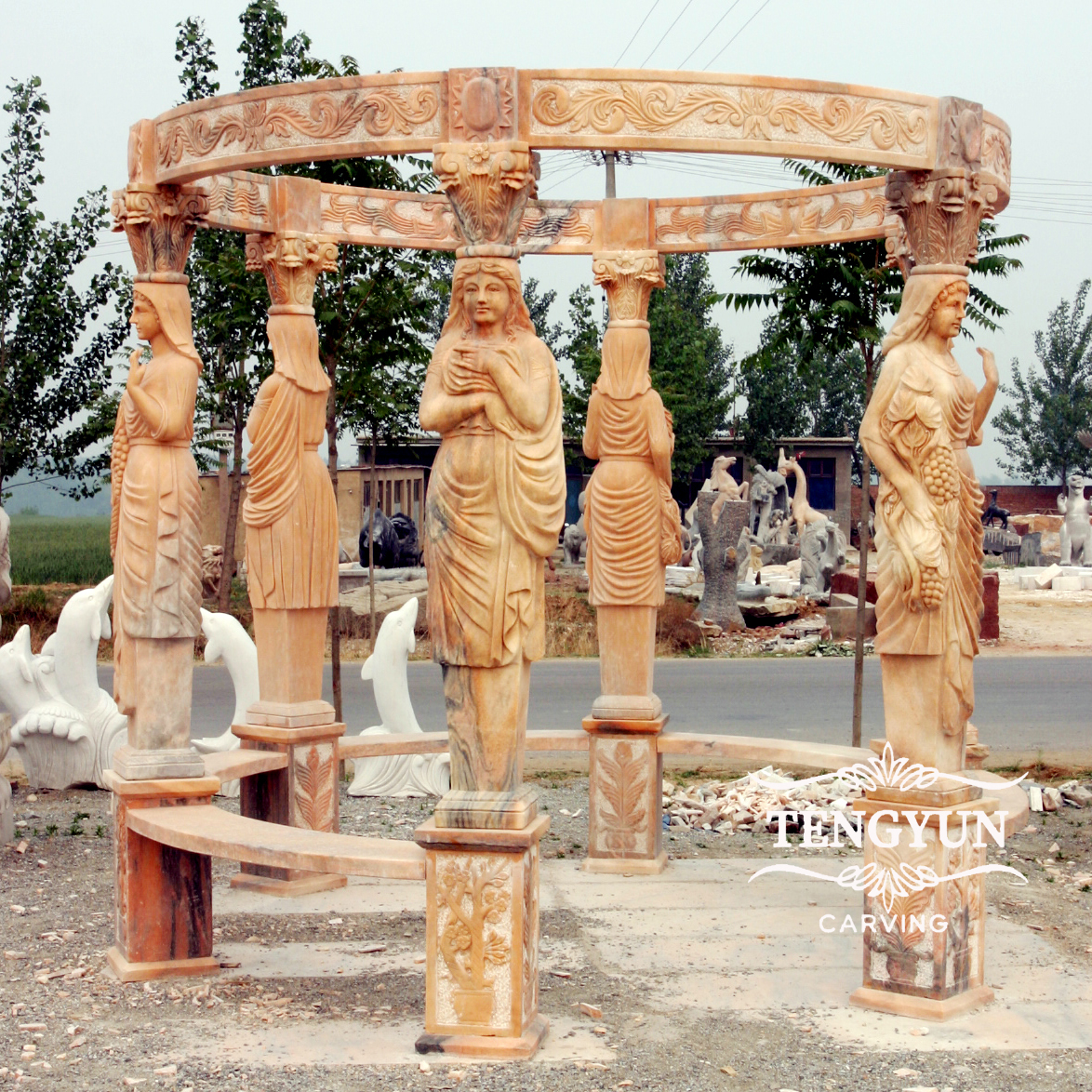 Sunset red marble gazebo with female statues (3)