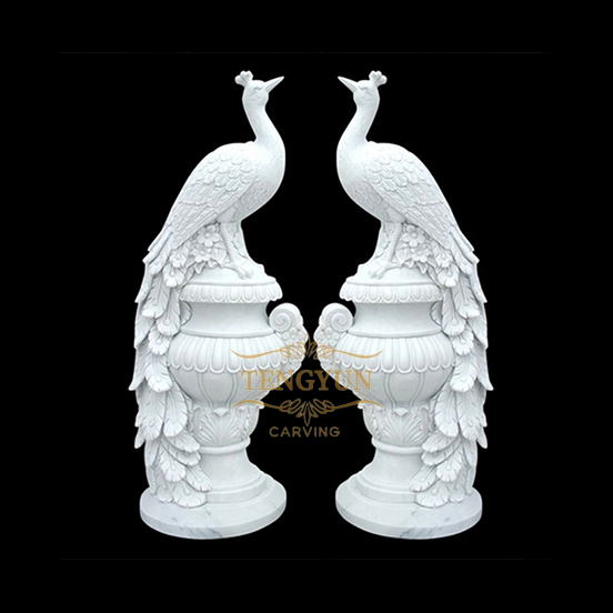 Garden outdoor decorative white marble peacock sculpture stone peafowl sculpture for sale (3)