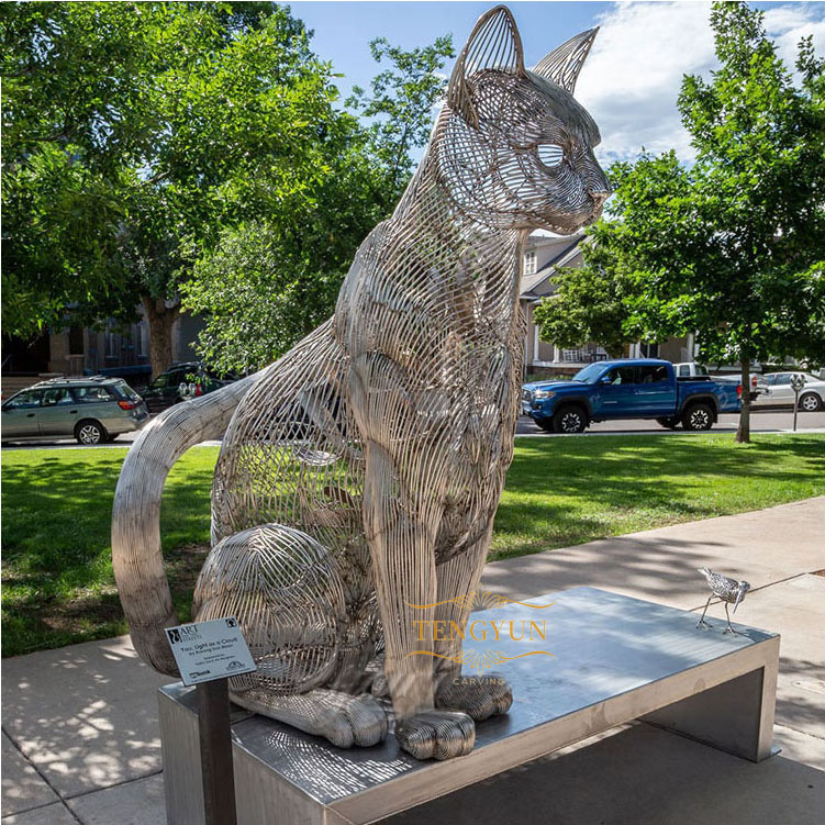 https://www.firststatue.com/garden-decorative-large-metal-wire-animal-sculptures-cat-bench-stainless-steel-abstract-modern-sculpture-product/