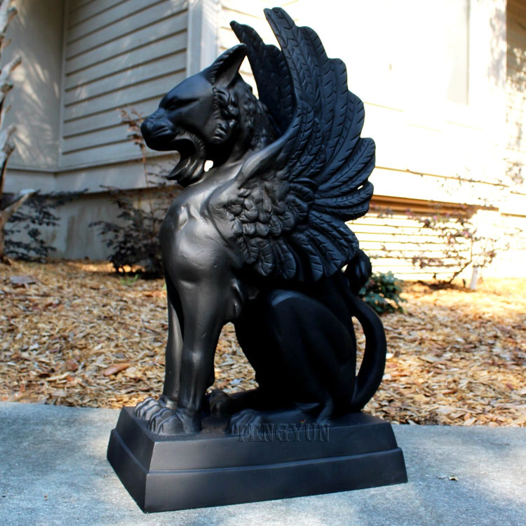 Mythological metal animal sculpture pair of gargoyle bronze statue cat faced griffin with wings (5)