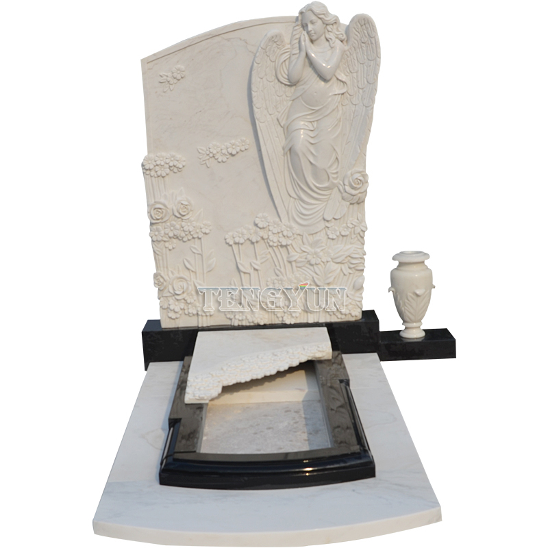 White marble carved relief angel statue tombstone (2)