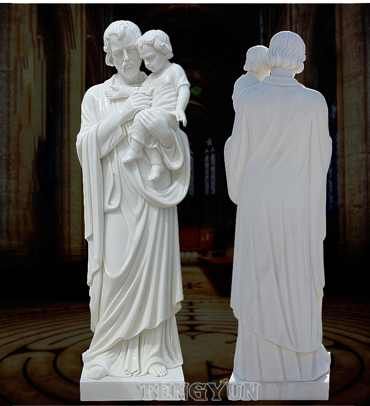 Religious Christian Life Size St. Joseph Holds Baby Jesus Marble Statue (3)