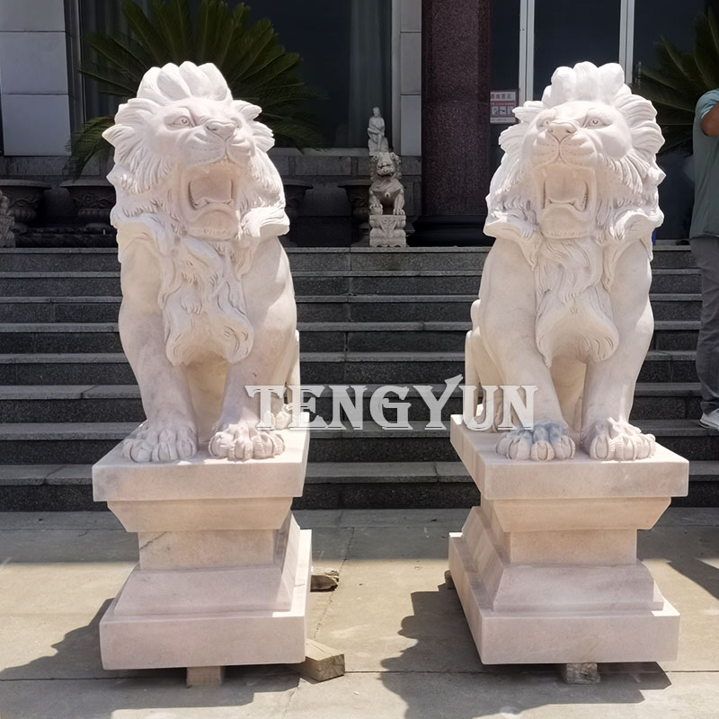 https://www.firststatue.com/garden-decorative-marble-lion-statue-pair-of-roaring-stone-carving-lion-sculpture-for-sale-product/