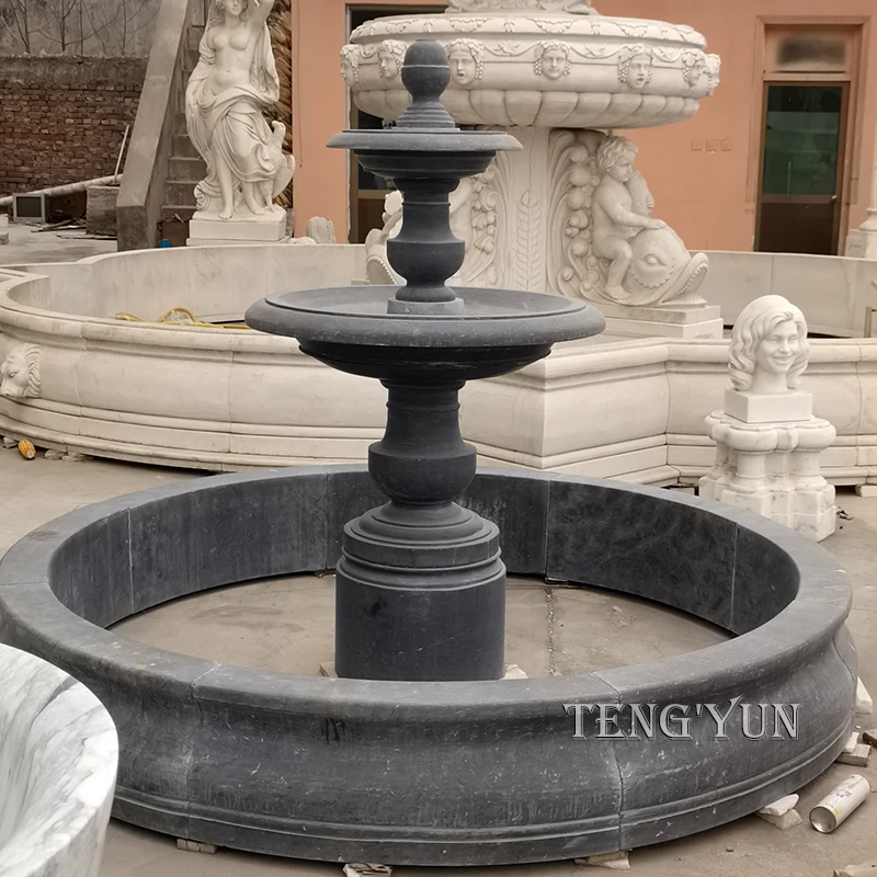 Elegant Black Marble Outdoor Tiered Fountain