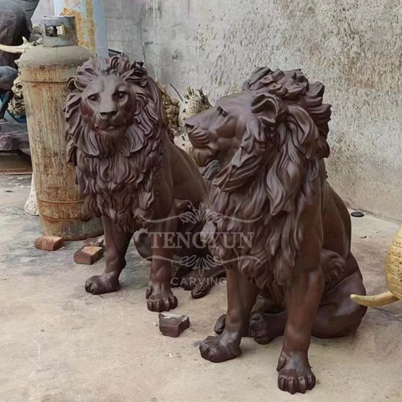 Garden Pair Of Seated Bronze Lion Sculpture Outdoor Ornament Lion Statues For Sale