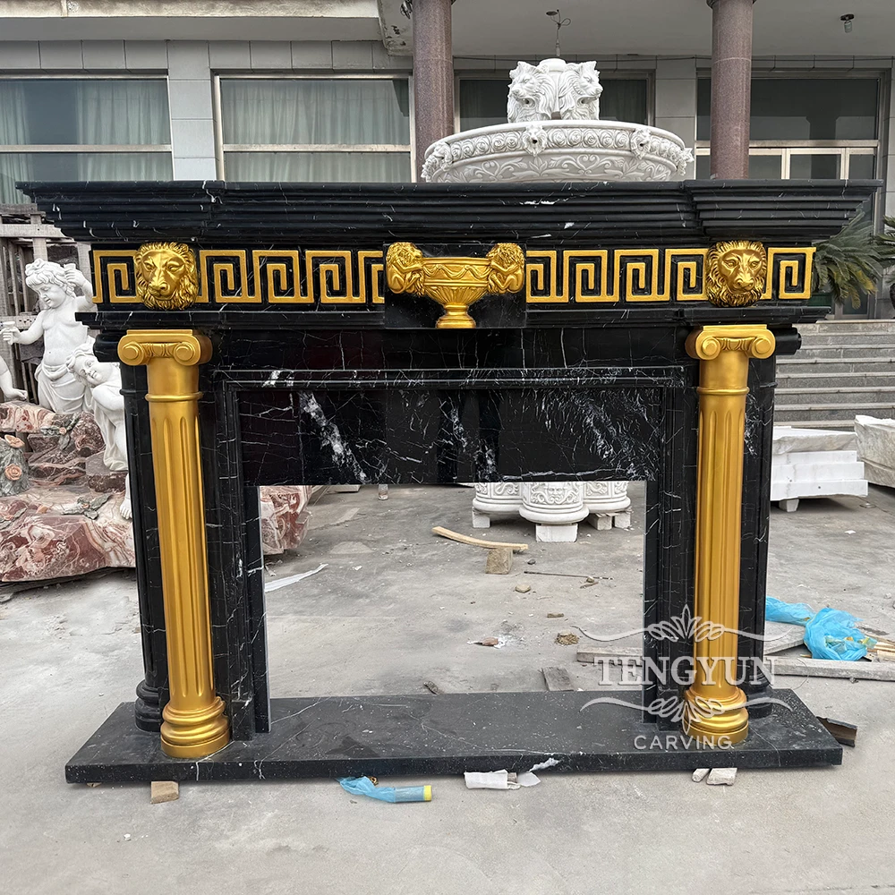 China Custom High Quality Stone Fireplace Mantel Hand Carved Nero Margiua Marble Fireplace Surround for Home Decoration