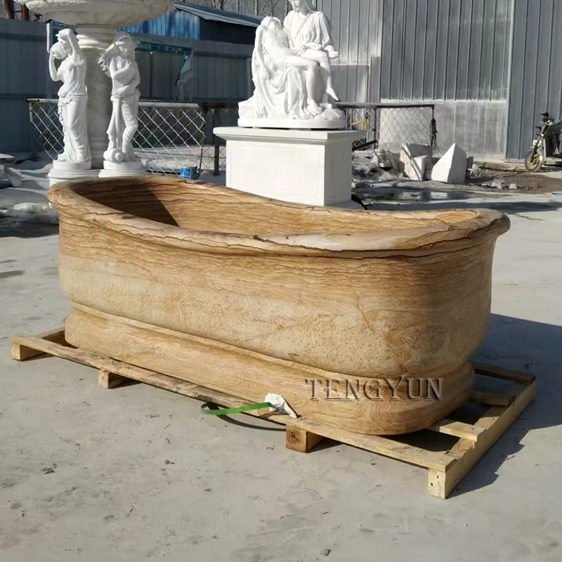 Natural Yellow Marble Carved Stone Bathtub for Luxury Bathrooms