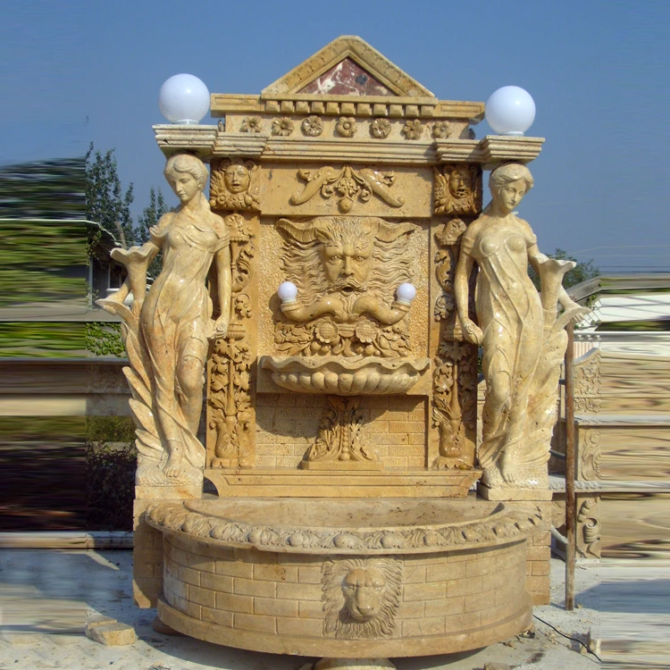 Egyptian Beige Marble Wall Fountain with Female Statues