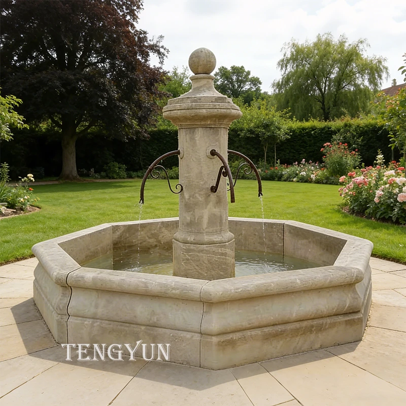 Hand-Carved French Style Limestone Octagonal Fountain with Square Central Column