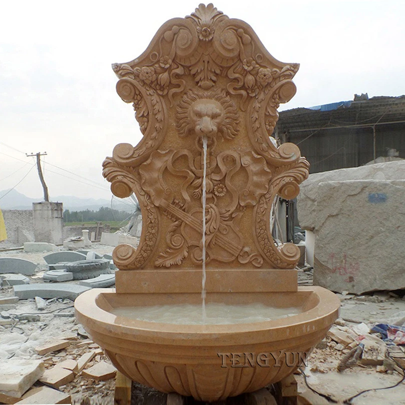 Large Outdoor Marble Fountain with Lion Head Carvings