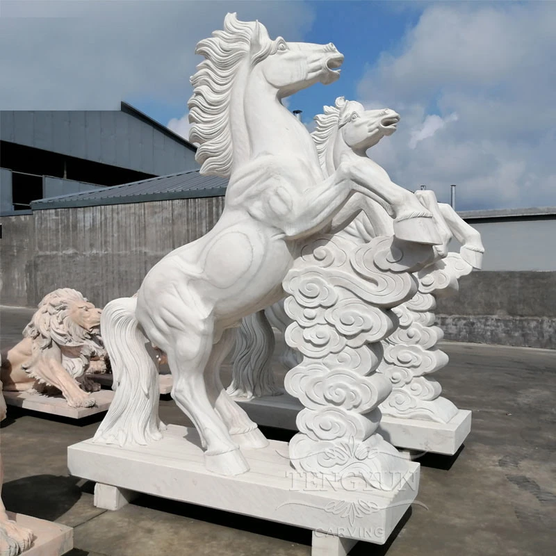 Large White Marble Rearing Horse Statues with Cloud Base