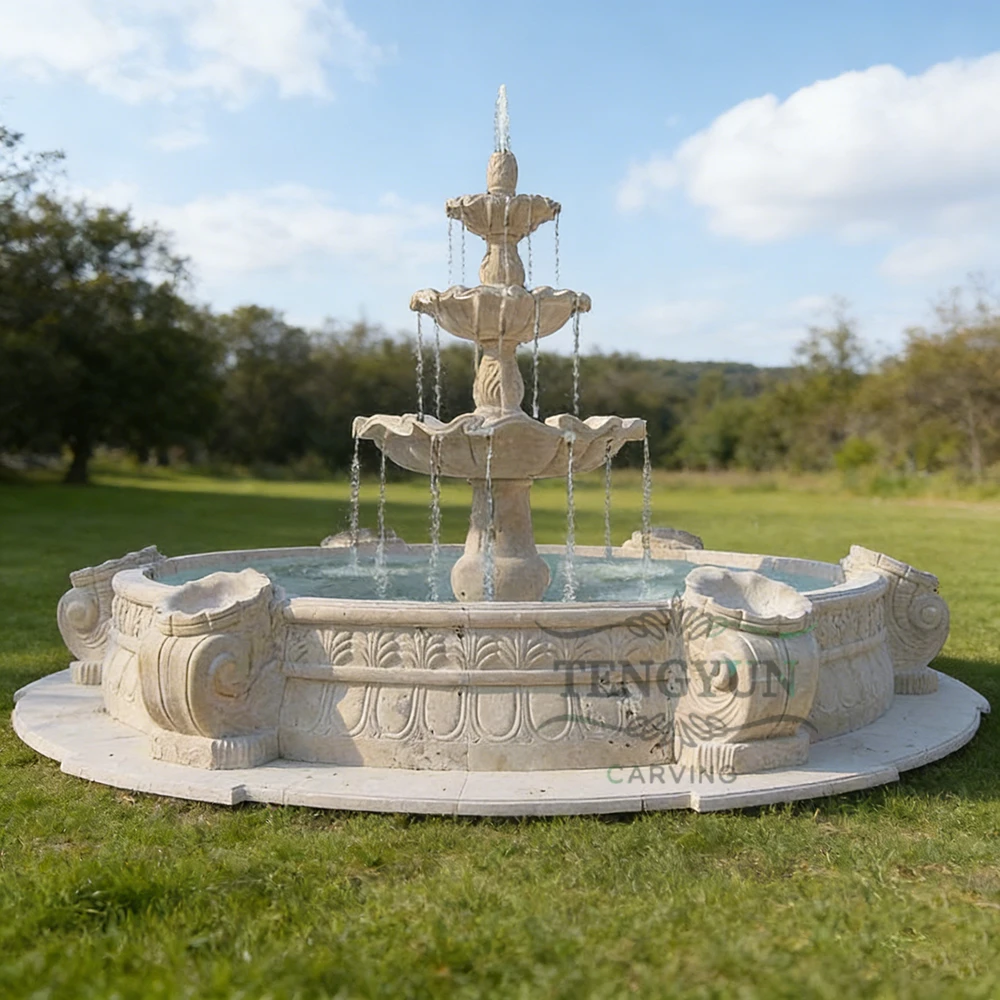 Carved Limestone Stone 3-Tier Stone Fountain Travertine Water Feature