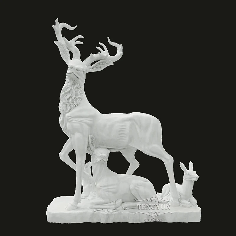 Classic Deer Family Stone Statue Marble Doe With Fawns