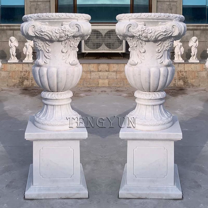 Hand-Carved Stone Planter with Relief