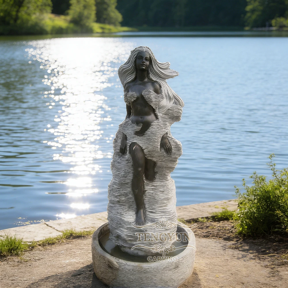 Black Marble Abstract Lady Statue Water Fountain for Yard Decoration