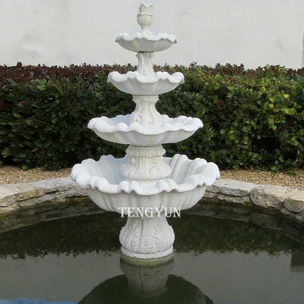 Elegant 4-Tier White Marble Water Fountain – Hand-Carved Natural Stone Water Feature