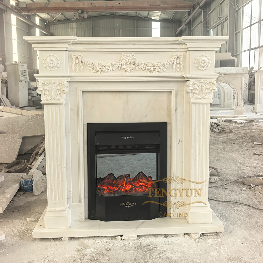 Hand-Carved Natural White Marble Corner Fireplace Mantel with Electric Insert