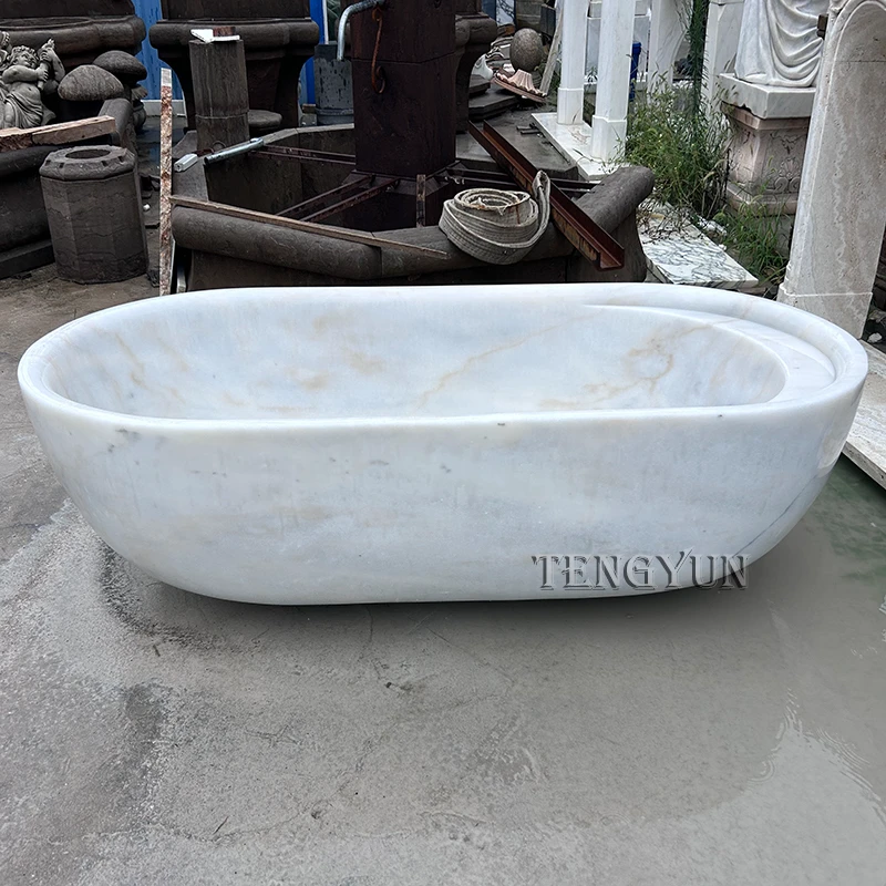 Natural White Marble Freestanding Bathtub – Hand-Carved Stone Tub