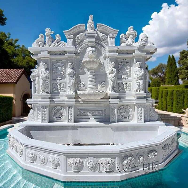 Exquisite Outdoor White Marble Fountain with Carved Figures