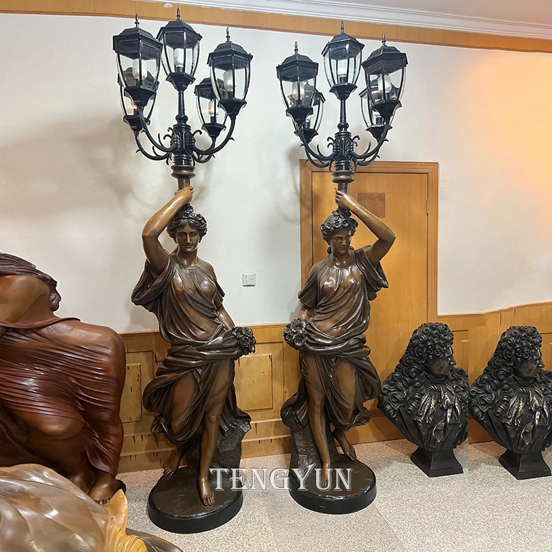 Bronze Female Statue Figure Holding Lamp for Floor Decor